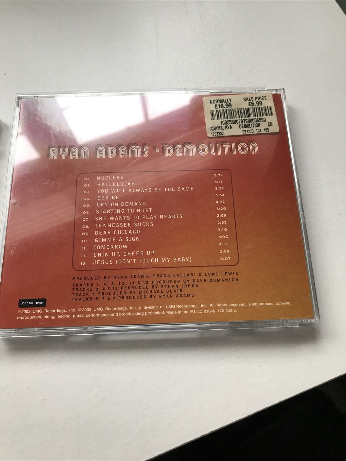 Ryan Adams Demolition Cd Sleeve And Broken Case. NO CD