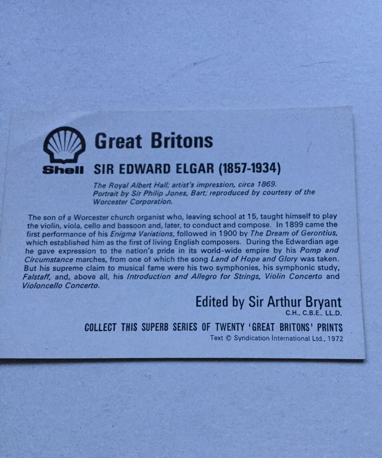 Sir Edward ELGAR Great Britons Collectible Shell Card 1972 Vintage 70s Royal Alb