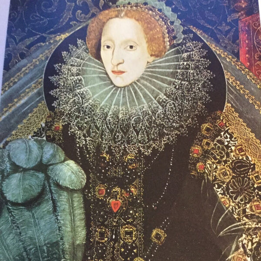 A collectable shell card featuring an illustration of Queen Elizabeth I with detailed clothing and accessories, predominantly in black, gold, and silver colors with a few floral elements.