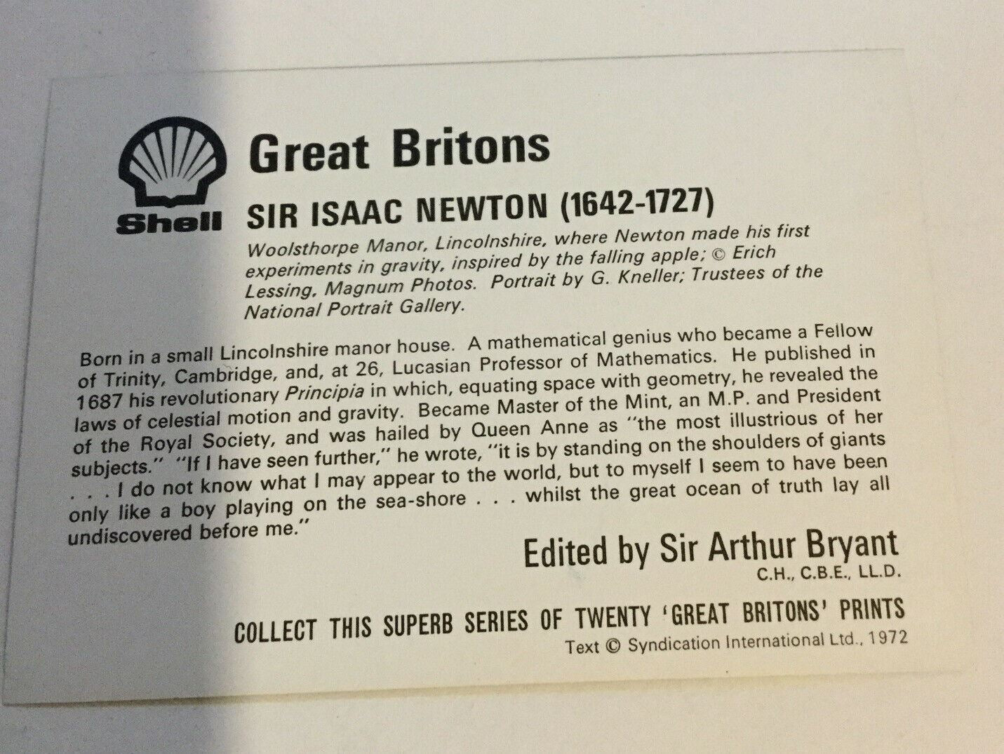 Sir Isaac Newton Great Britons Collectable Shell Card 1972 Vintage 70s Woolsthor