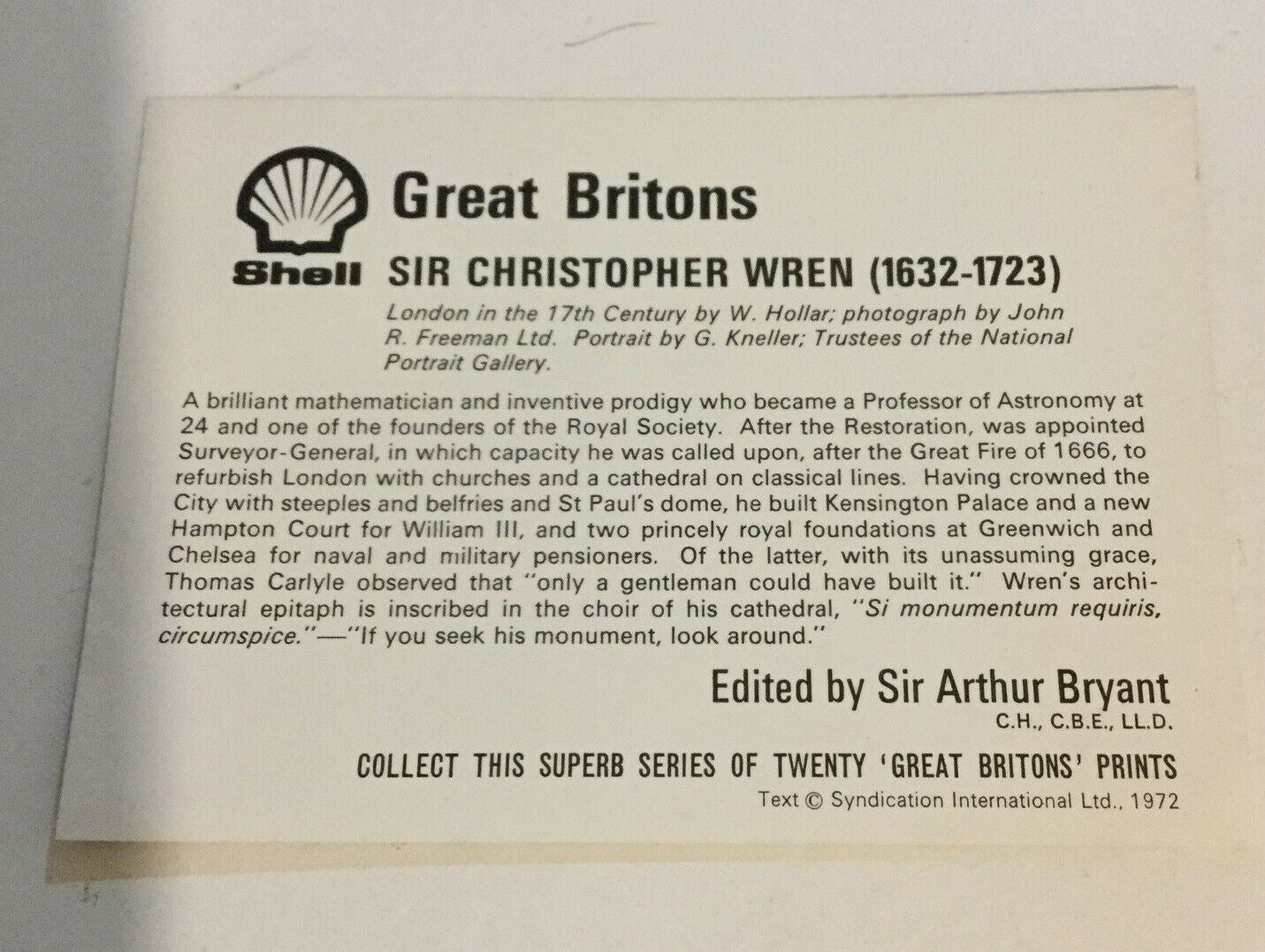 Sir Christopher Wren Great Britions Collectable Shell Card 1972 Vintage 70s