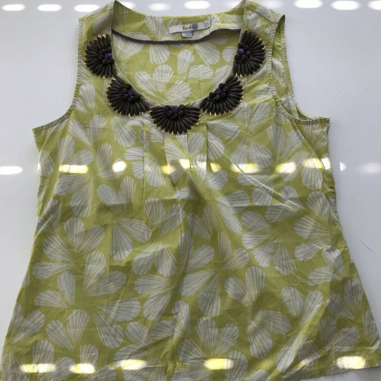 Size 12 Pretty Beaded Sleeveless Cotton Top. Boden. Yellow Print. Boho Beading. Party