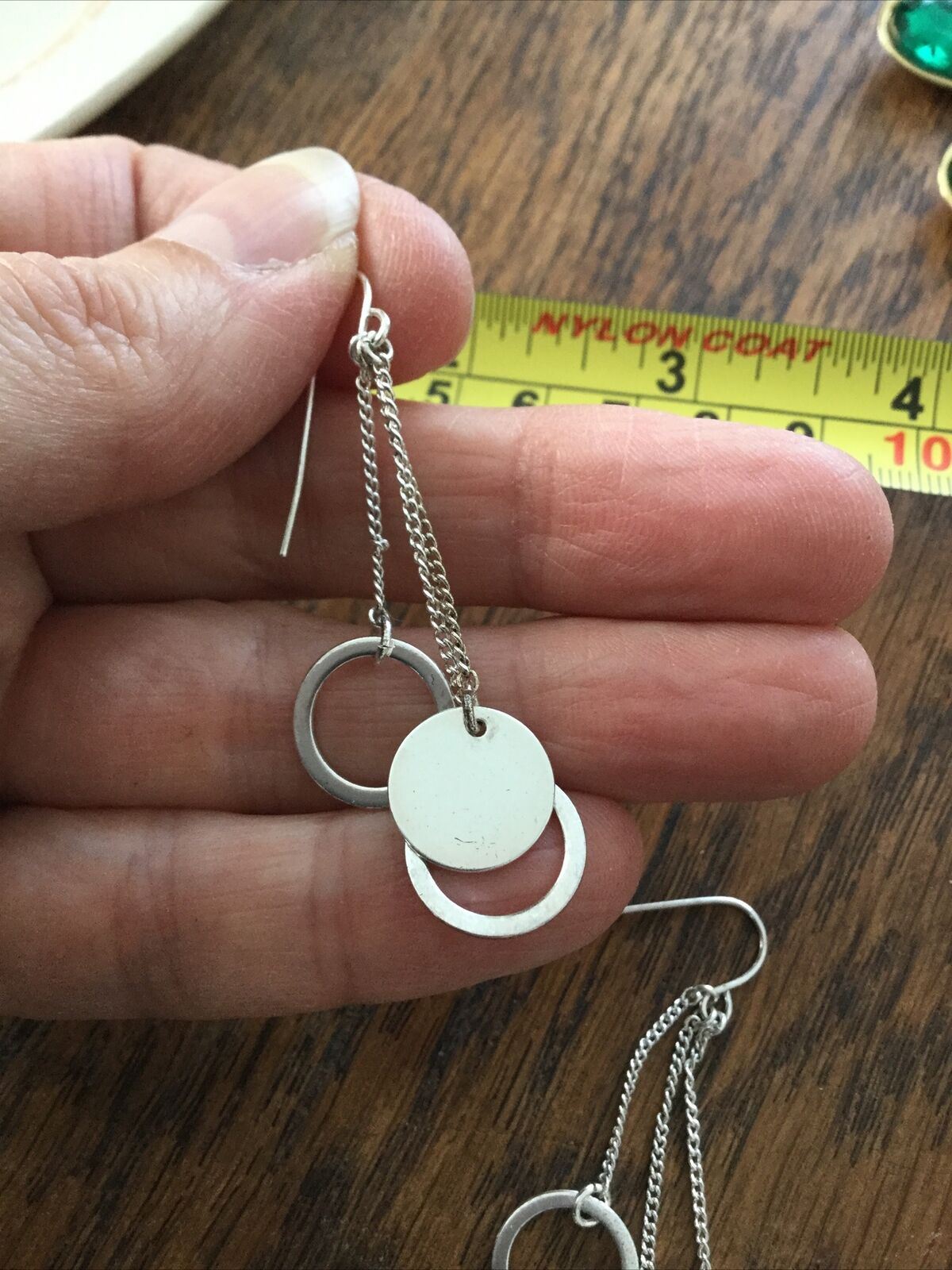 Modern Style Silver Tone Drop Earrings Dangly Chains With Circles. Pierced.