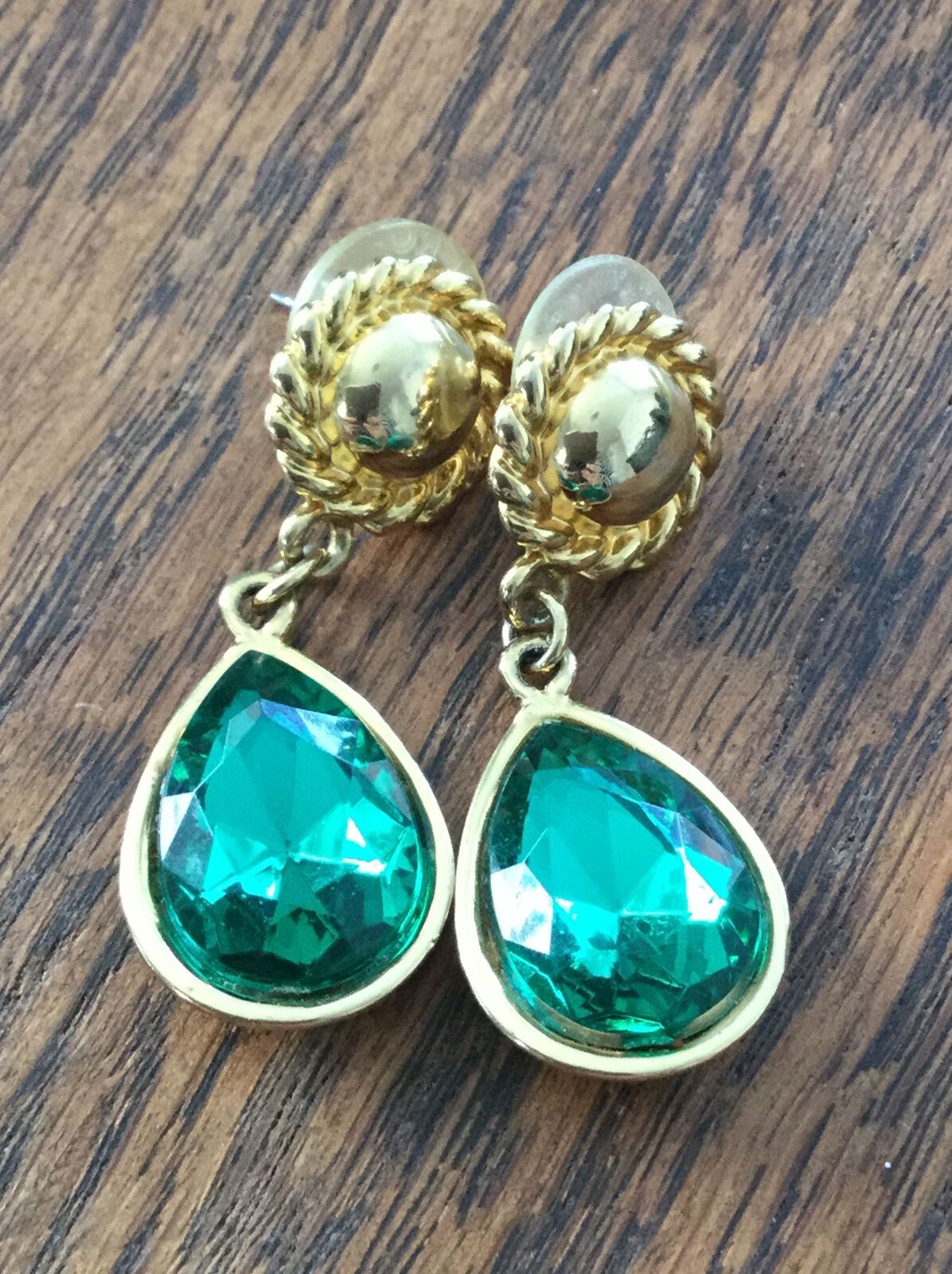 Chunky Gold And Green Drop Earrings. Costume. Bling. Sparkly. Pierced