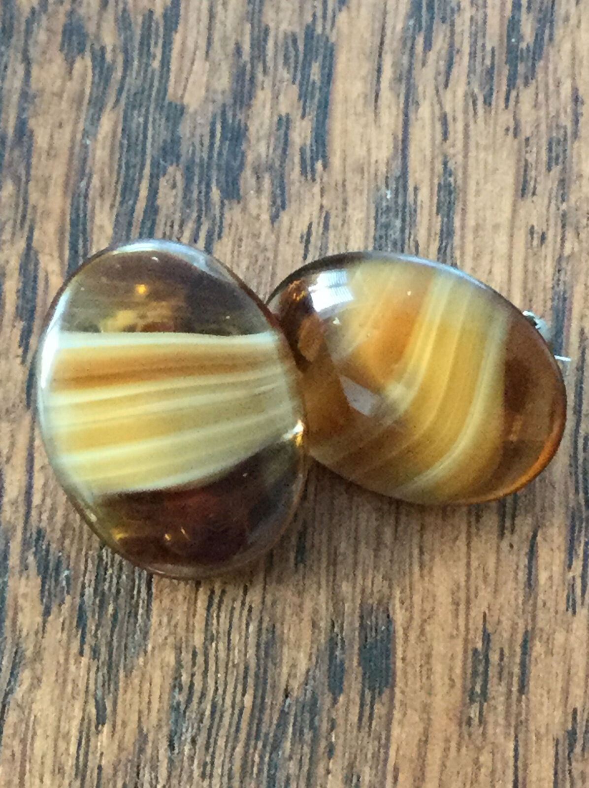 Gold Plated Clip On Earrings. Amber Coloured Glass Studs . Oval. Vintage Retro