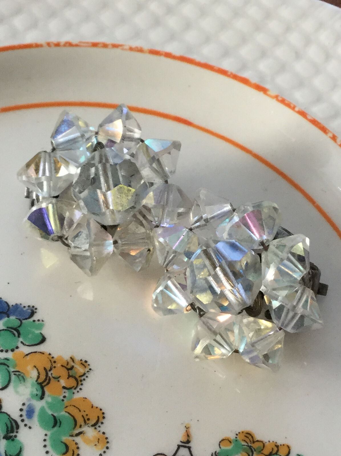 Aurora Borealis Bead Cluster Earrings. Clip On. Vintage. 1950s? Valentines Gift