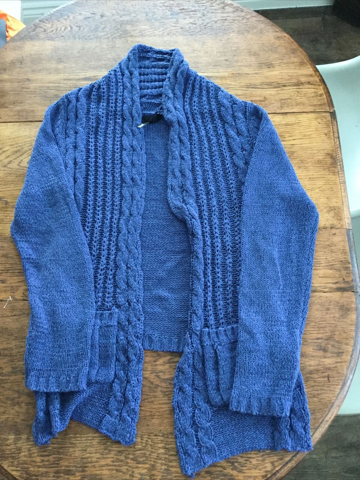 Indigo Blue Longline Loose Cardigan Wrap. Cable Knit. Pockets. Cosy Slouchy. Size Small