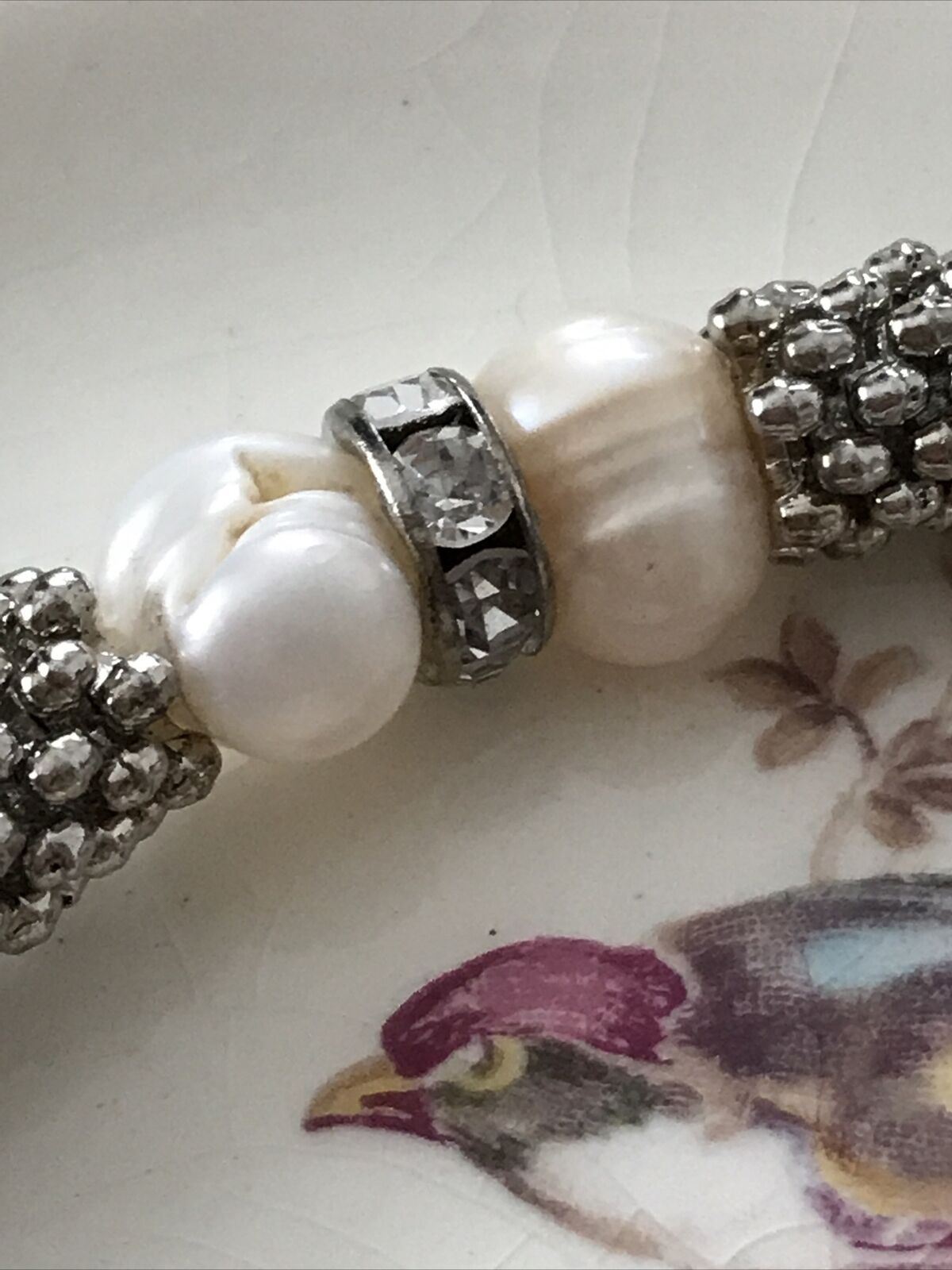 Beautiful Stretch Bracelet Silver Tone With Diamante And Simulated Pearls.