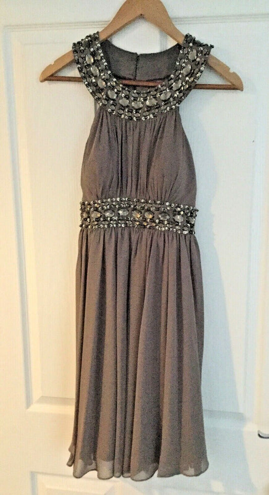 Vintage Look Chiffon Beaded Party Dress Morgan. Size 8. Soft Brown. Elegant Timeless