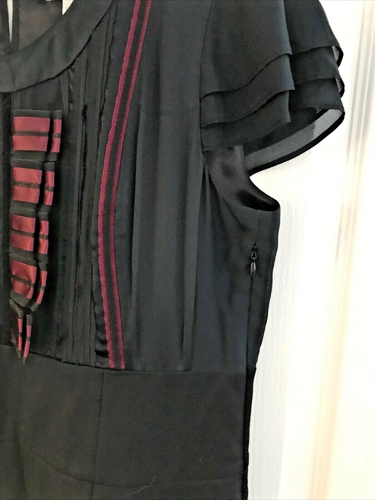 Black Wool Mix Smart Shift Dress. Black With Burgundy Trim. Size 14 Kaliko. Chiffon sleeves