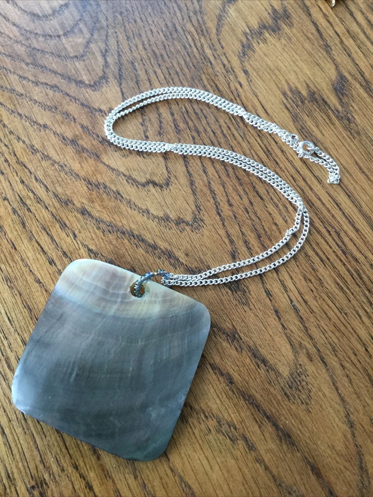 Large Boho Pendant Square Mother Of Pearl Medallion On Silver Plated Curb Chain.