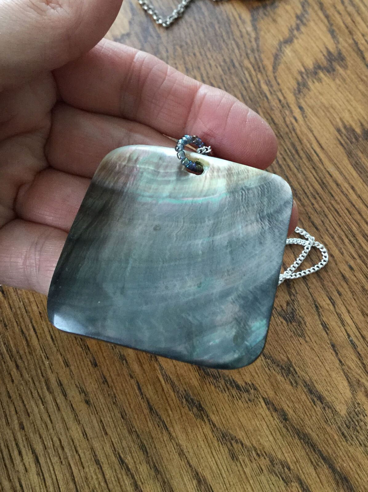 Large Boho Pendant Square Mother Of Pearl Medallion On Silver Plated Curb Chain.