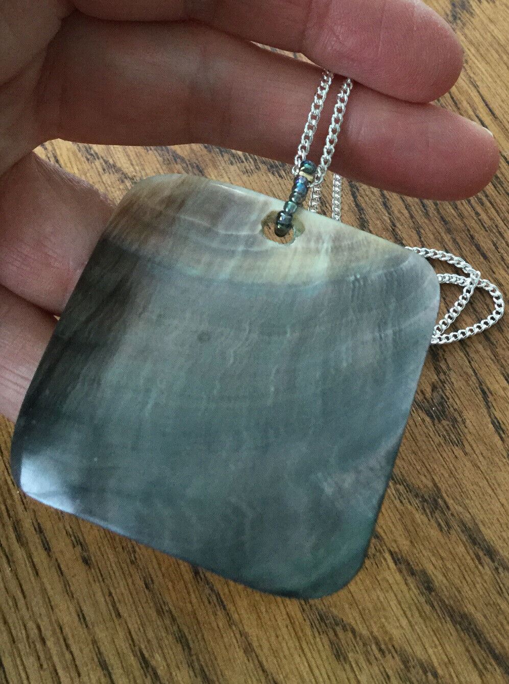 Large Boho Pendant Square Mother Of Pearl Medallion On Silver Plated Curb Chain.