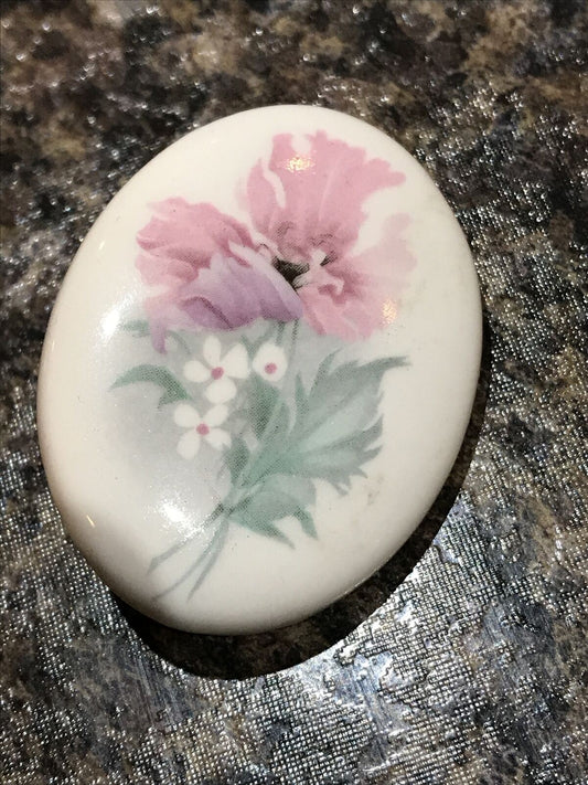 Ceramic Floral Brooch Pink White Green Anemone Pretty Oval Flowers Valentines