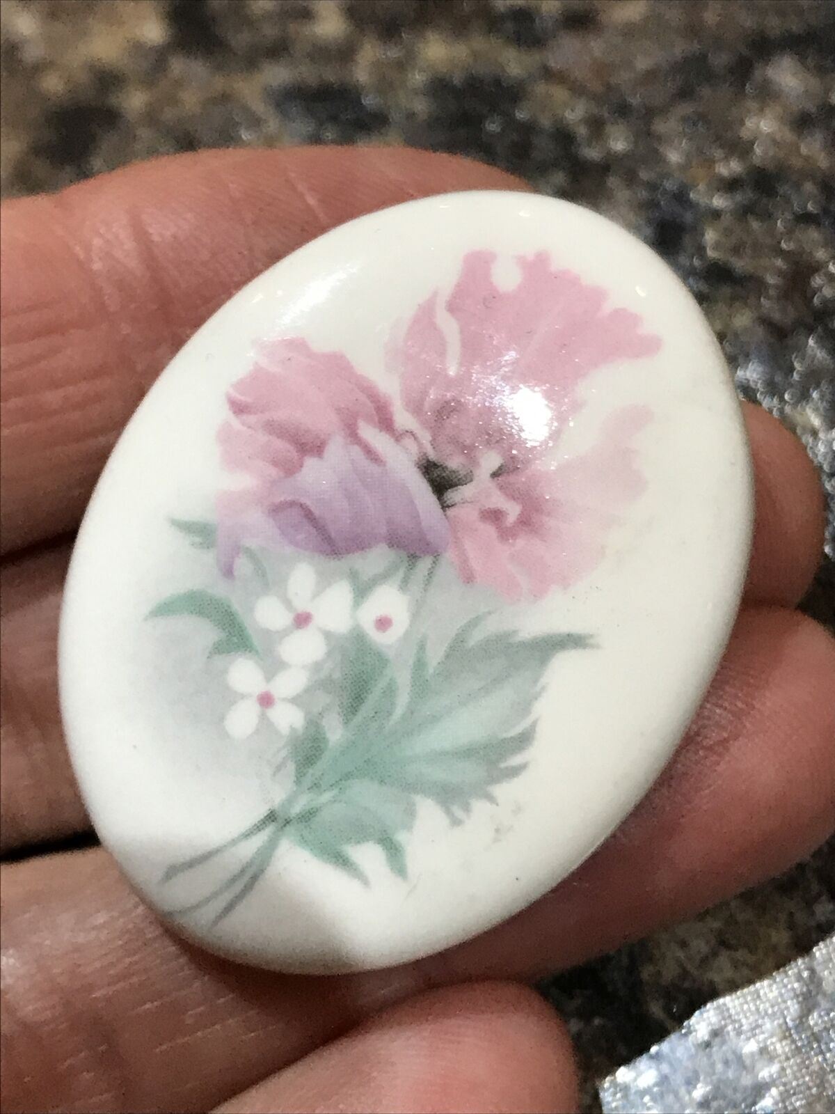 Ceramic Floral Brooch Pink White Green Anemone Pretty Oval Flowers Valentines