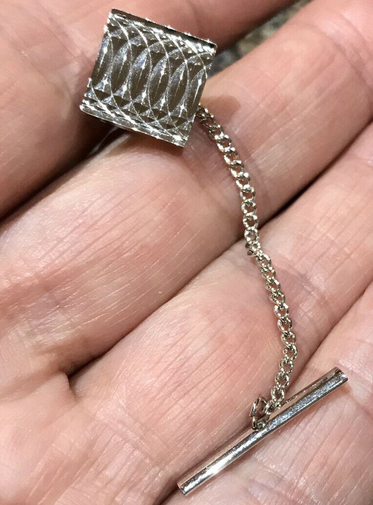 Silver Plated Tie Pin With Safety Chain. Diamond Cut, Light Catching. Square.