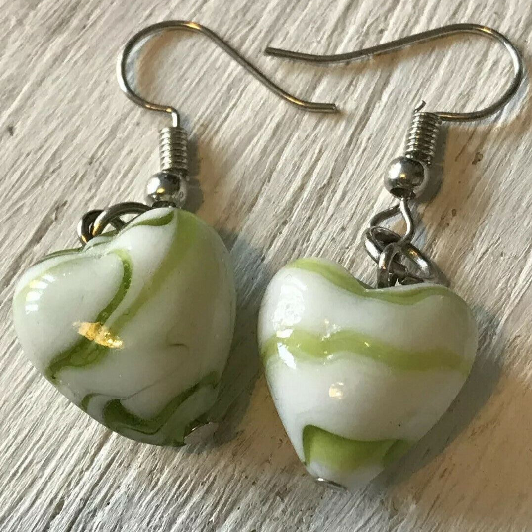 Pretty Glass Heart Bead Drop Earrings. Green White Lovely Gift. Pretty. For pierced ears.