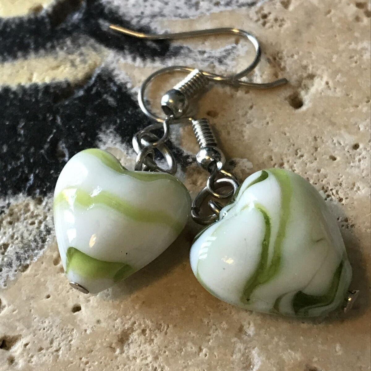 Pretty Glass Heart Bead Drop Earrings. Green White Lovely Gift. Pretty. For pierced ears.