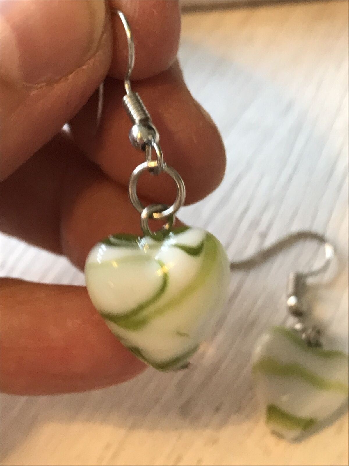 Pretty Glass Heart Bead Drop Earrings. Green White Lovely Gift. Pretty. For pierced ears.