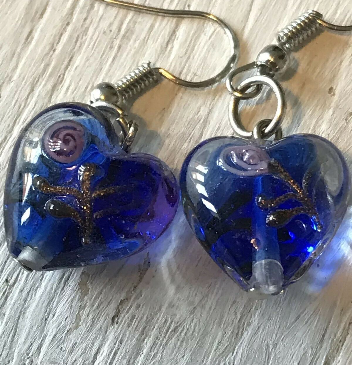 Pretty Blue Glass Heart Shaped Drop Earrings. Floral. Lovely Gift