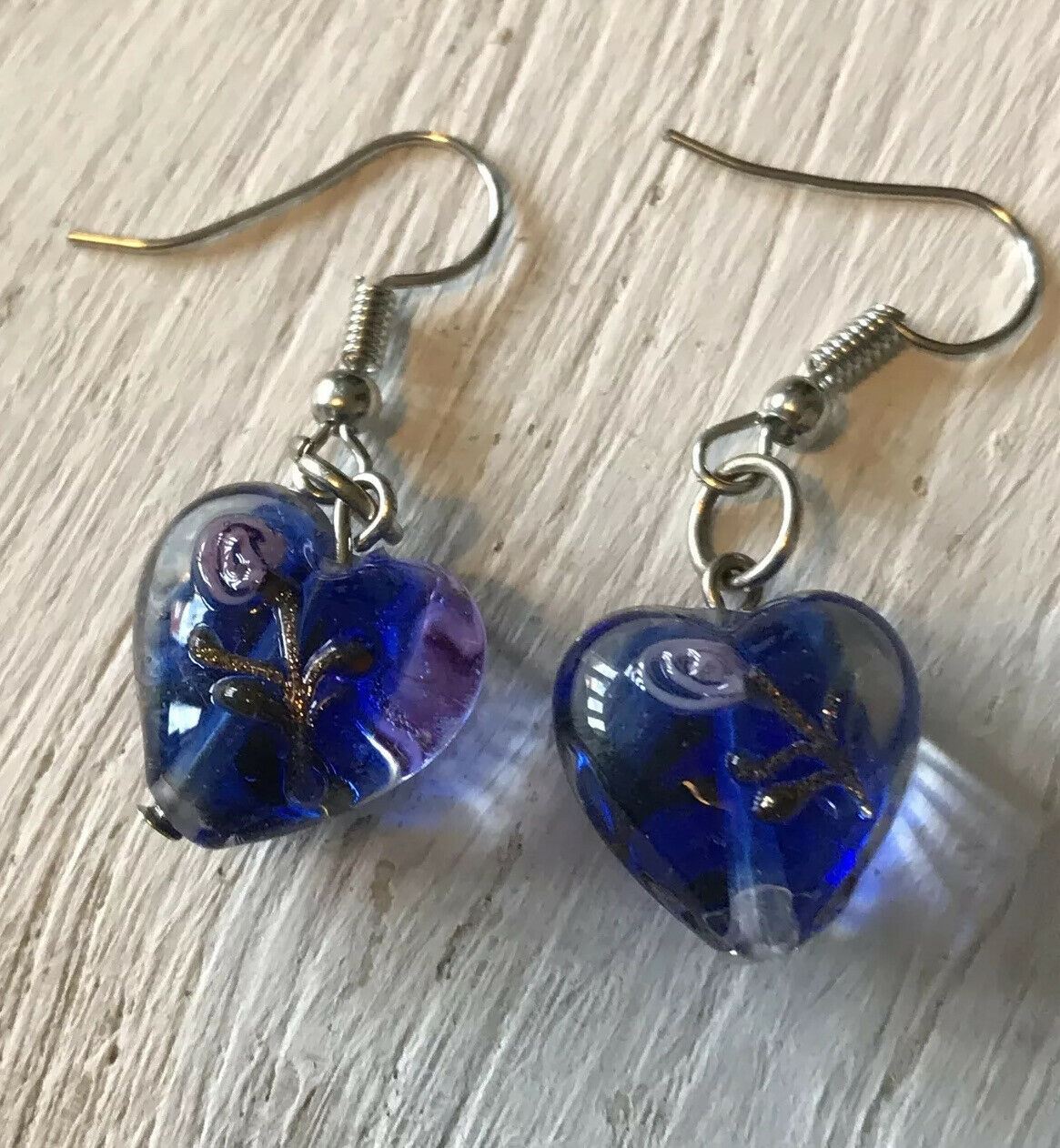 Pretty Blue Glass Heart Shaped Drop Earrings. Floral. Lovely Gift