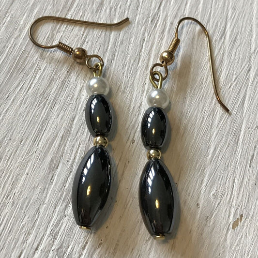 Elegant Drop Earrings. Hematite Simulated Pearl Gold Tone. Simple And Classic. For pierced ears.