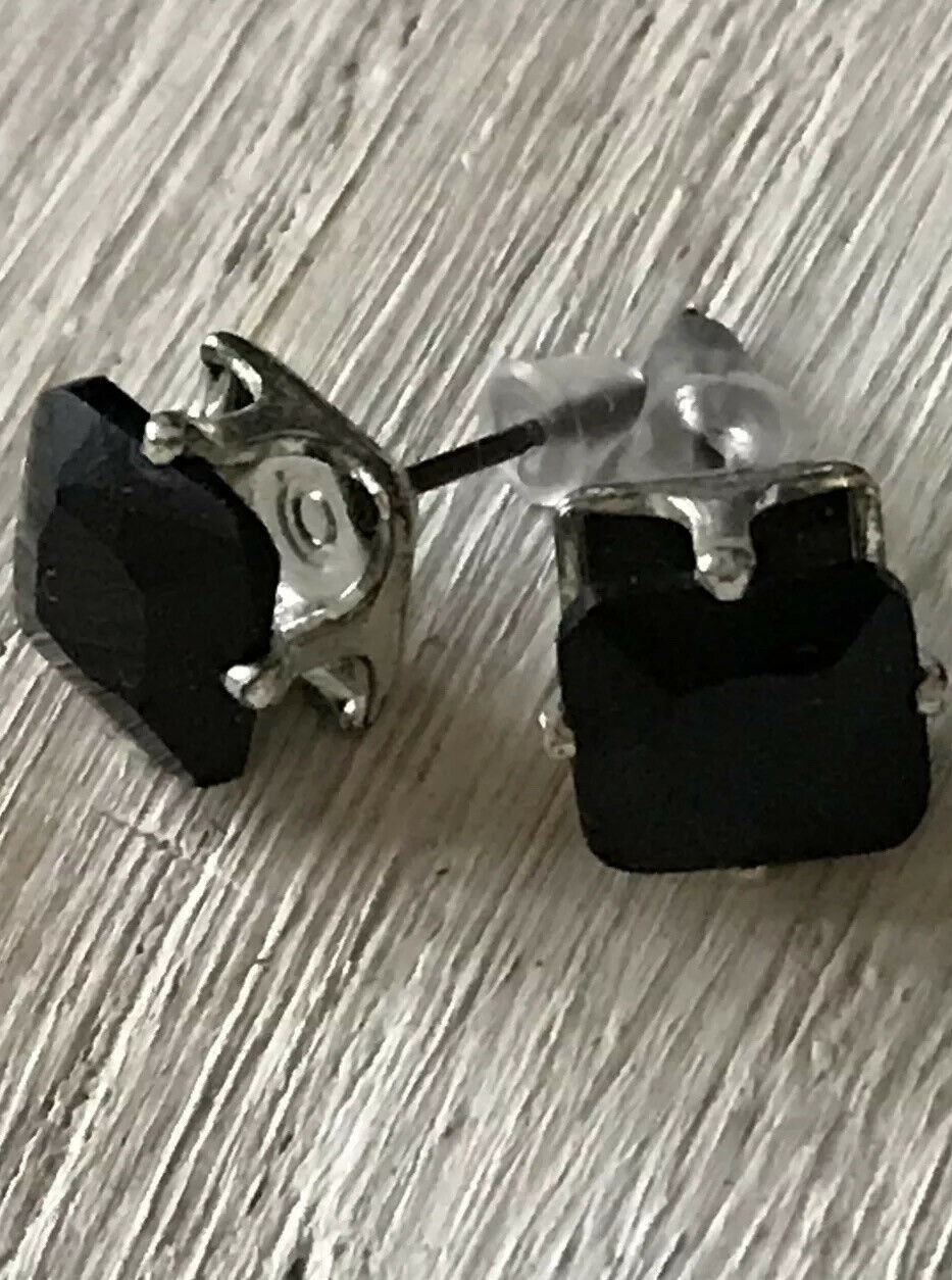 Black Stud Earrings. Square Cut Stone. Medium Size. Bold.