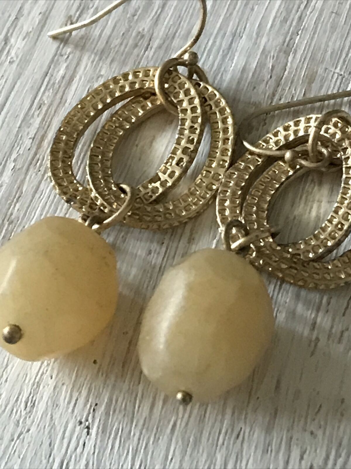 Statement Gold Tone Large Bead Drop Earrings. Dressy. Neutral colours. Apricot coloured stone.