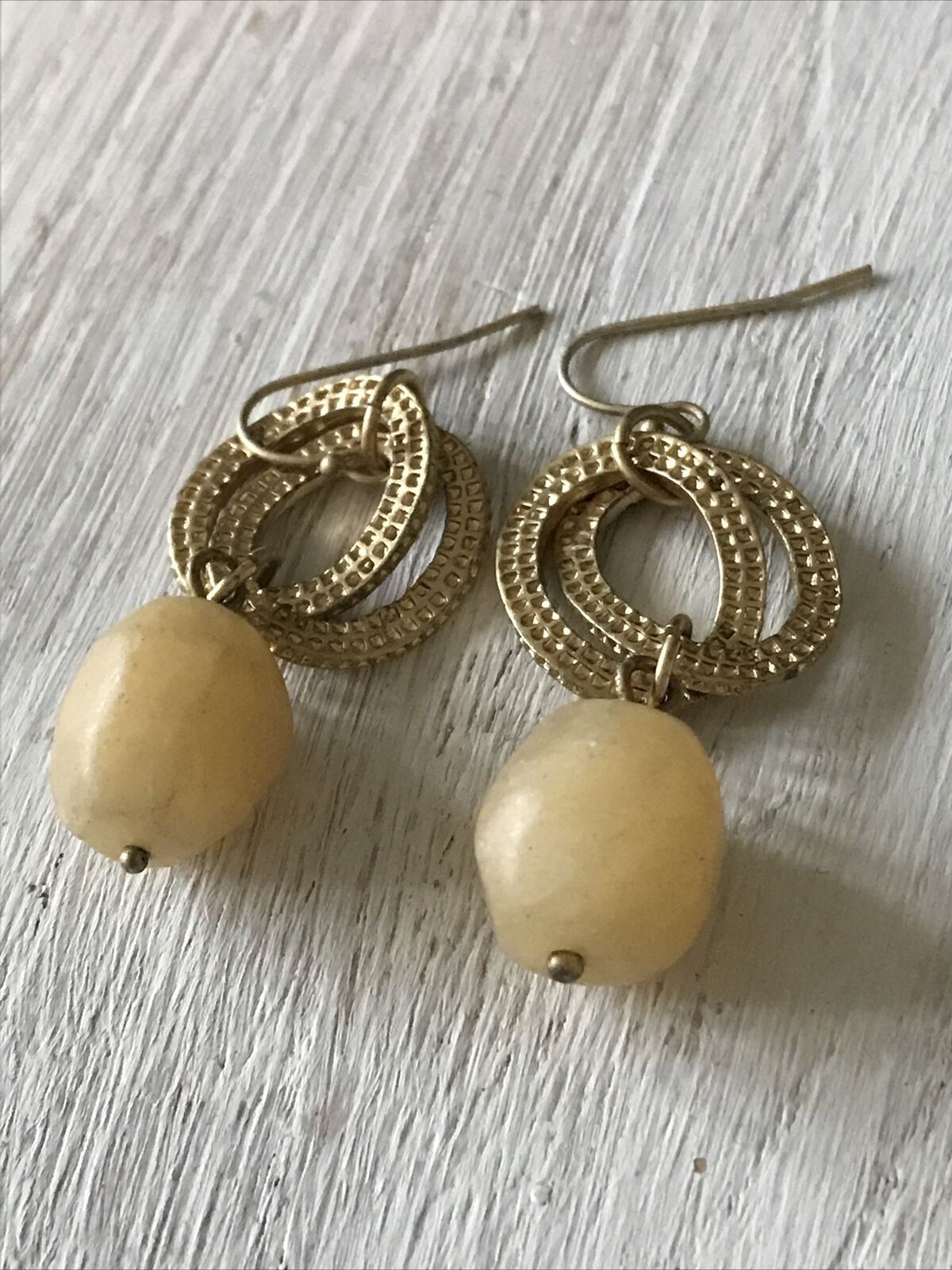 Statement Gold Tone Large Bead Drop Earrings. Dressy. Neutral colours. Apricot coloured stone.