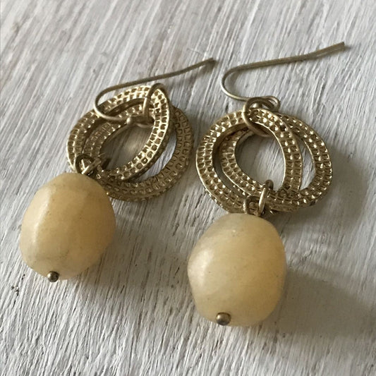 Statement Gold Tone Large Bead Drop Earrings. Dressy. Neutral colours. Apricot coloured stone.