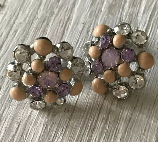 Pretty Cluster Stud Earrings.  Diamante And Pink Stones. Vintage Style. Pretty.