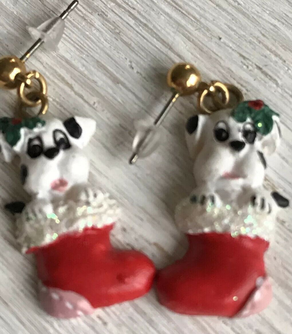 Novelty Christmas Earrings. Cute Puppy Dog In Stocking. Red and white. For pierced ears.