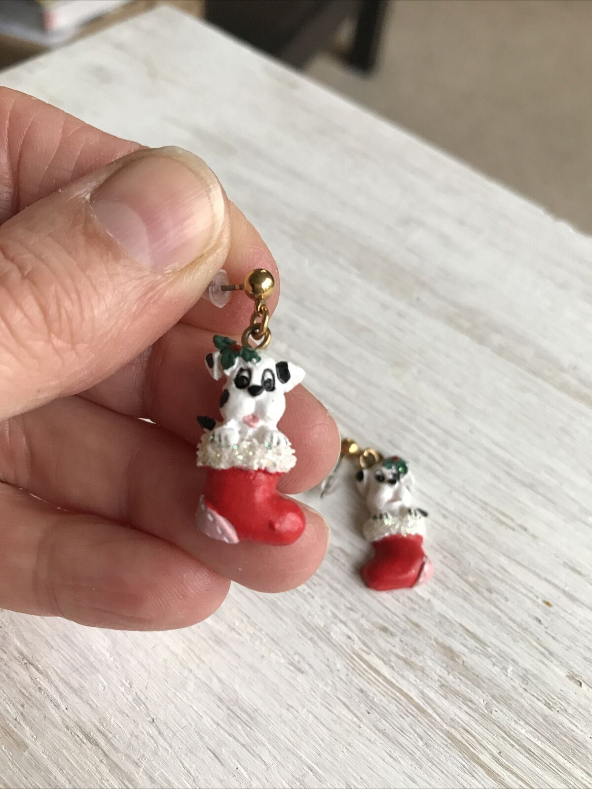 Novelty Christmas Earrings. Cute Puppy Dog In Stocking. Red and white. For pierced ears.