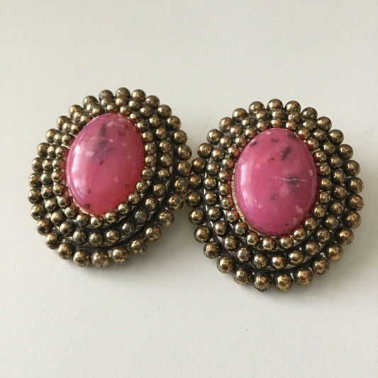 Large Vintage Clip On Button Earrings. Oval Shape, Gold Tone With Pink Centre.