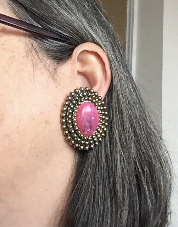 Large Vintage Clip On Button Earrings. Oval Shape, Gold Tone With Pink Centre.