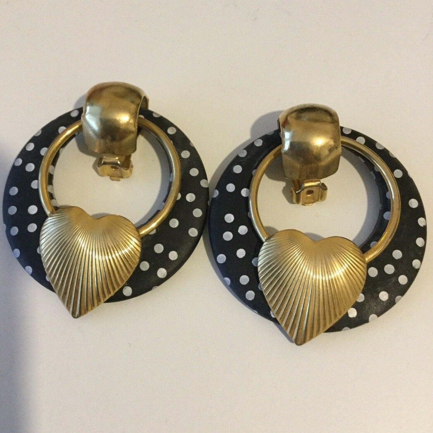 Blingy Gold Black White Spotty Retro Clip On Earrings. Statement. Bold. Heart.