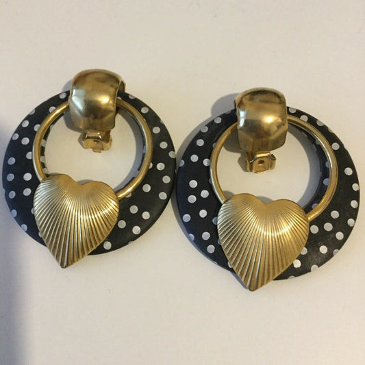 Blingy Gold Black and White Spotty Gold Tone Retro Clip-On Earrings - Statement - Bold - Heart.