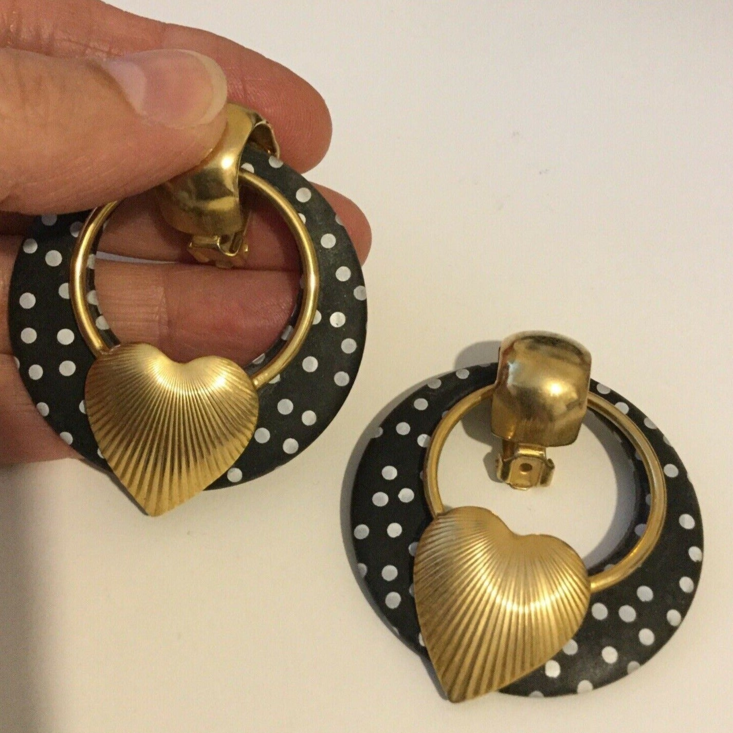 Blingy Gold Black White Spotty Retro Clip On Earrings. Statement. Bold. Heart.