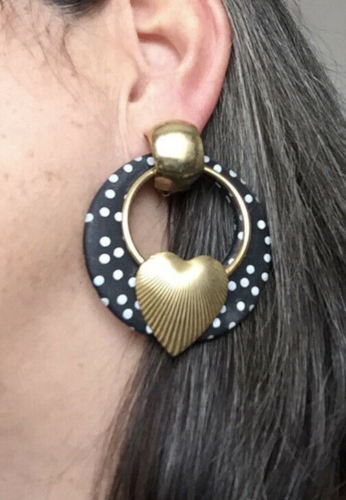 Blingy Gold Black White Spotty Retro Clip On Earrings. Statement. Bold. Heart.