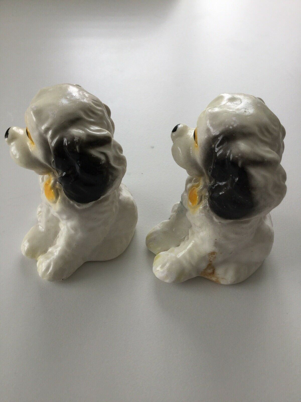 Pair Of Vintage Spaniel Dog Ornaments. Black And White. Ceramic. 1960s? Boxed