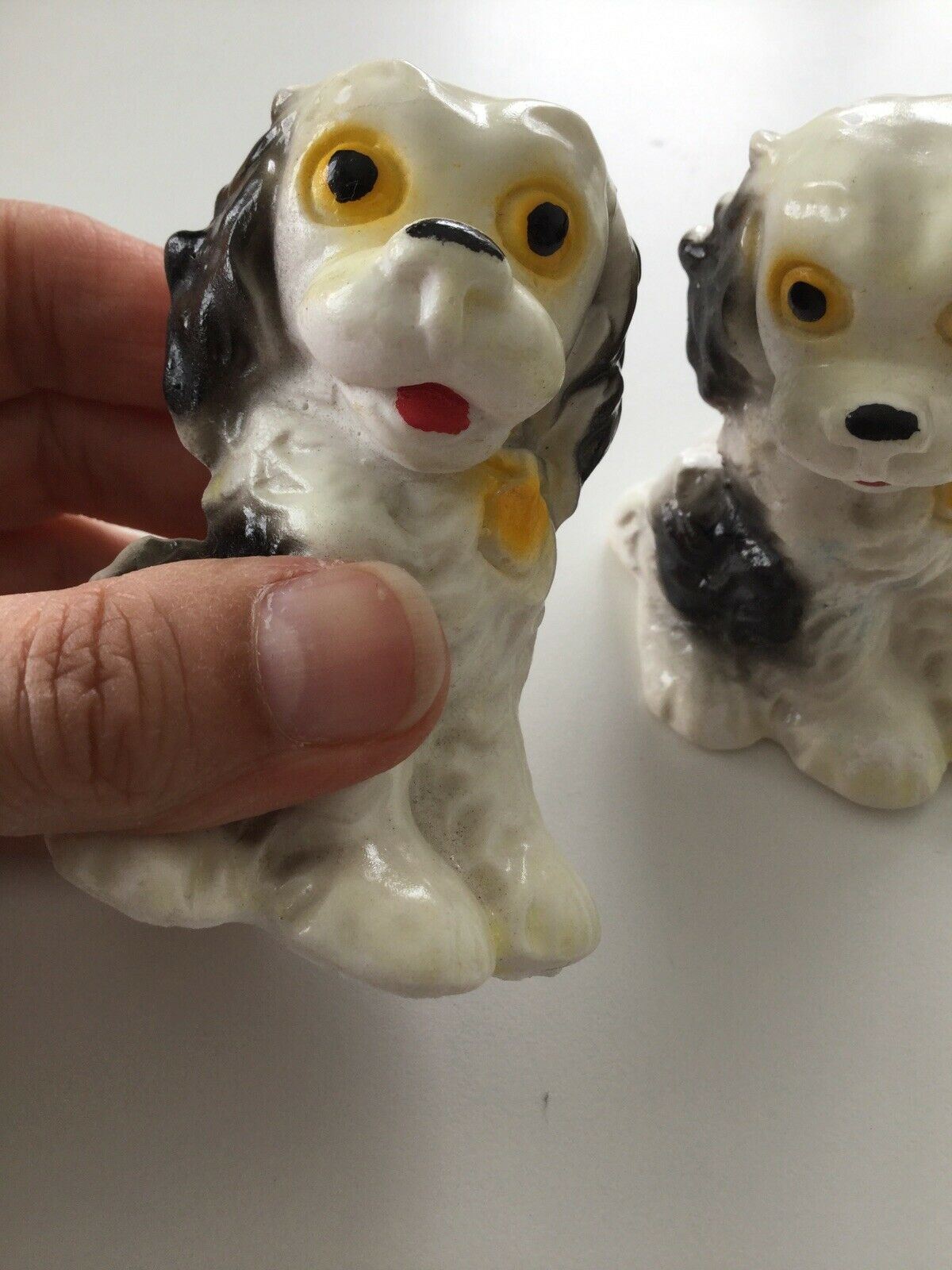 Pair Of Vintage Spaniel Dog Ornaments. Black And White. Ceramic. 1960s? Boxed