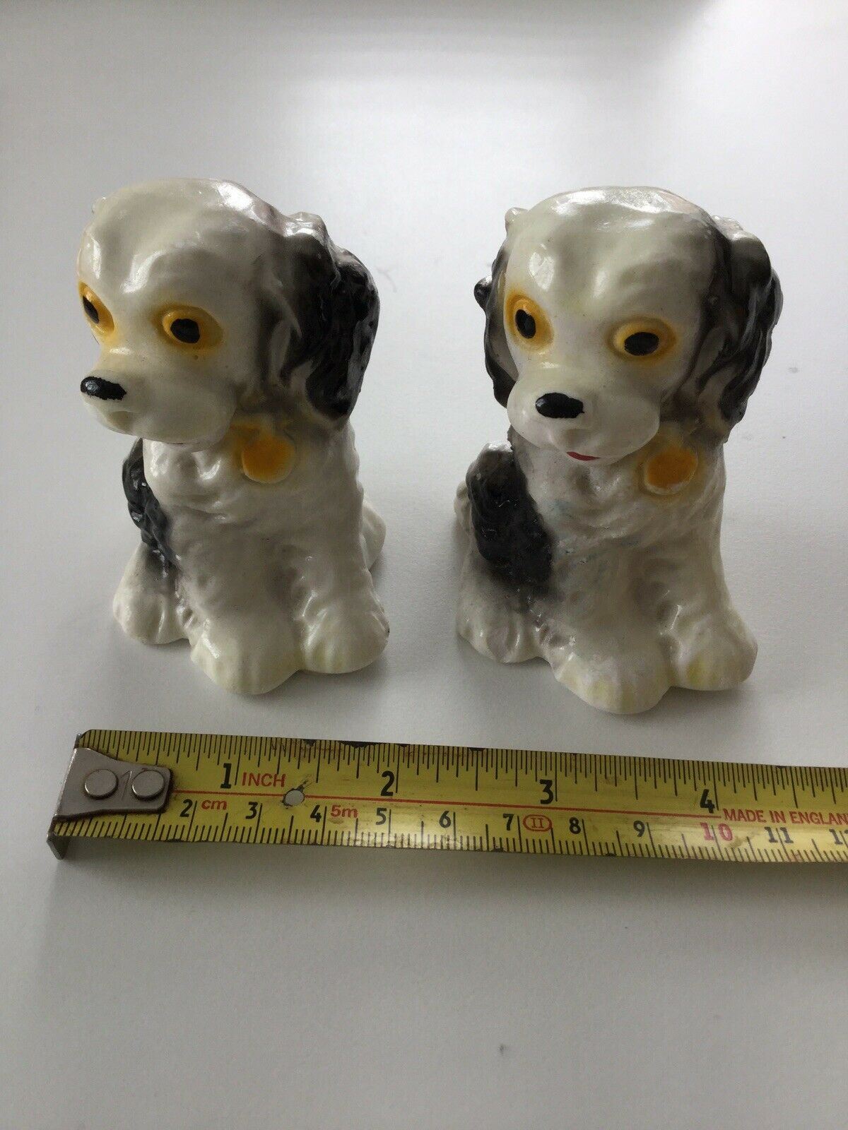 Pair Of Vintage Spaniel Dog Ornaments. Black And White. Ceramic. 1960s? Boxed