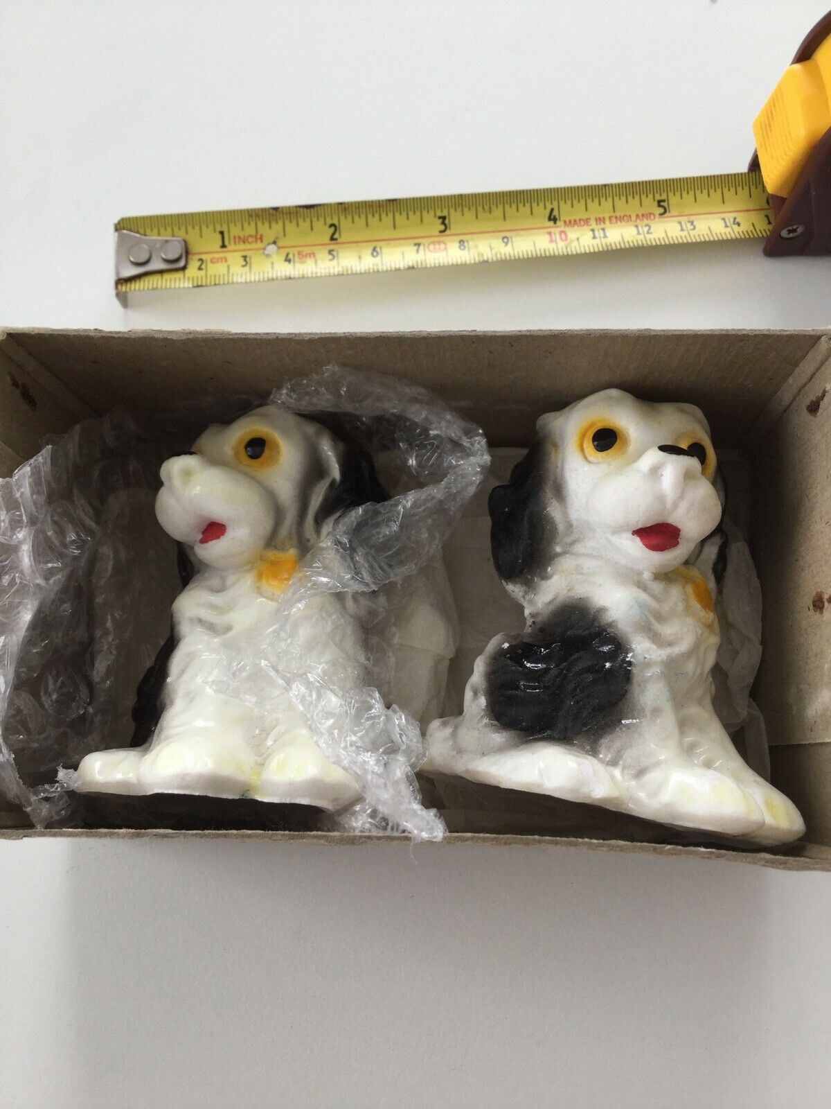 Pair Of Vintage Spaniel Dog Ornaments. Black And White. Ceramic. 1960s? Boxed