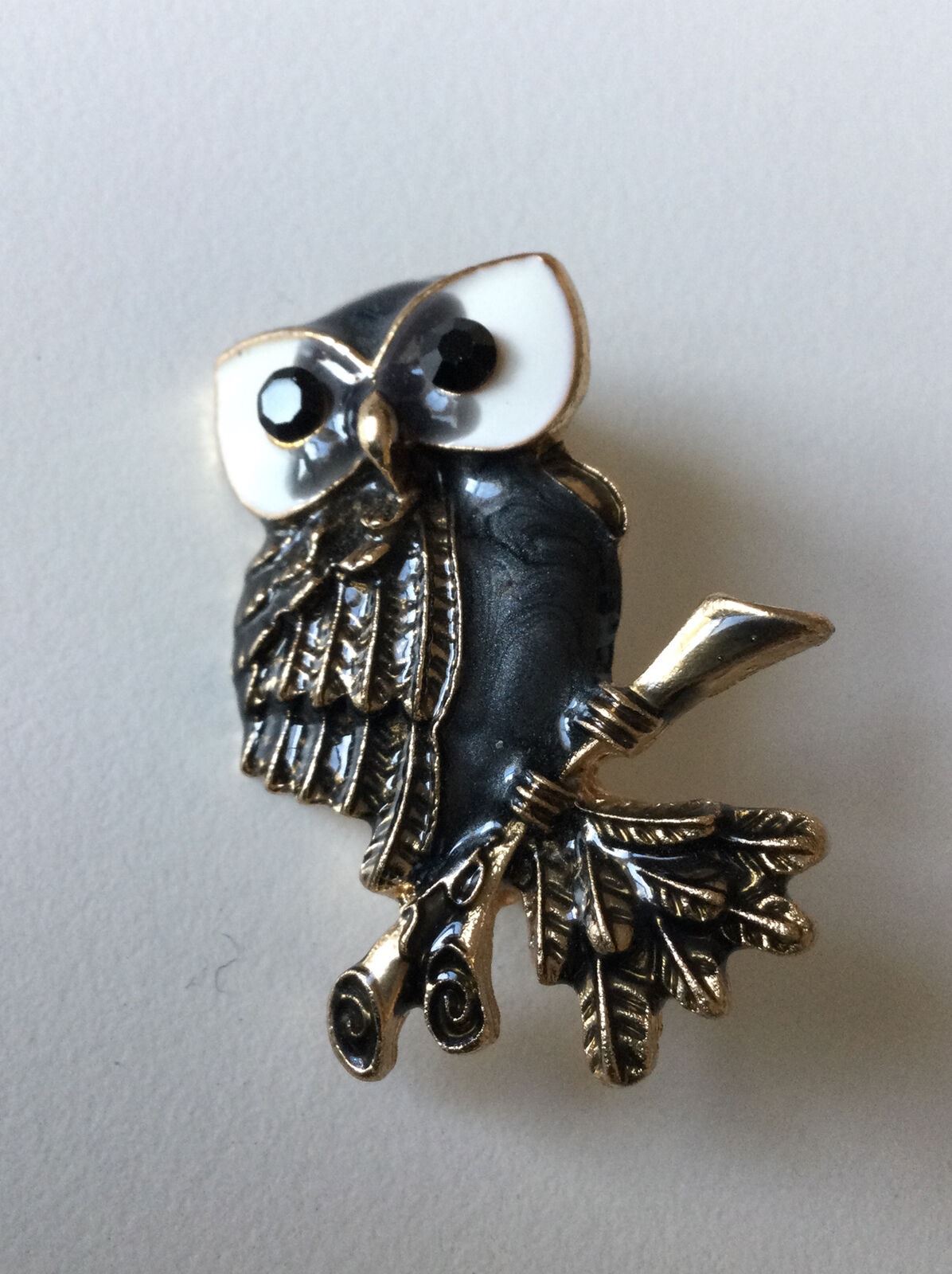 Cute Gold Plated Owl Brooch. With Grey And White Enamel. Jewelled Eyes. Wise Old