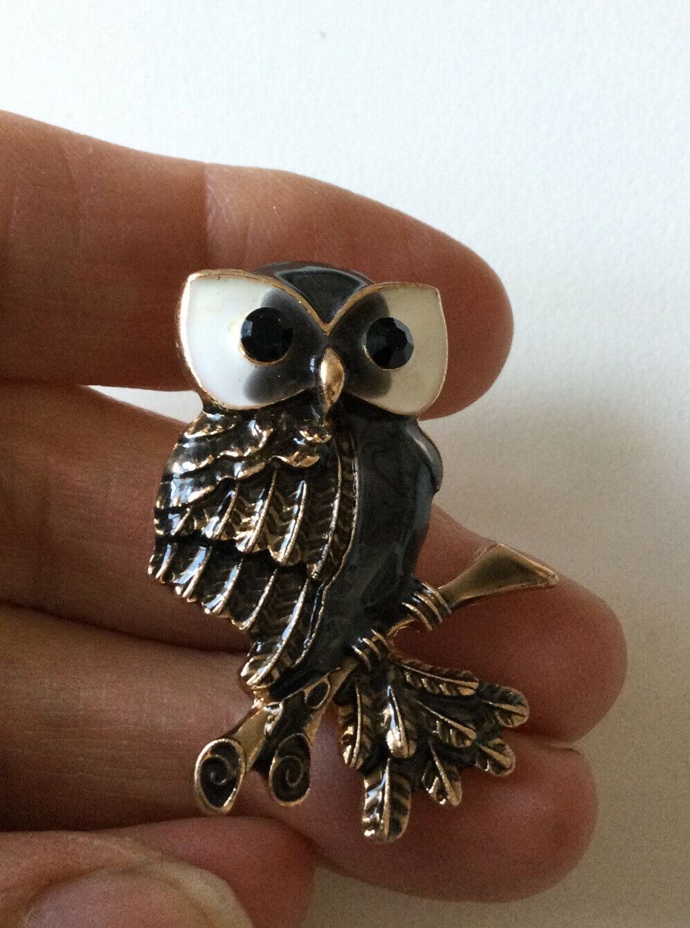 Cute Gold Plated Owl Brooch. With Grey And White Enamel. Jewelled Eyes. Wise Old