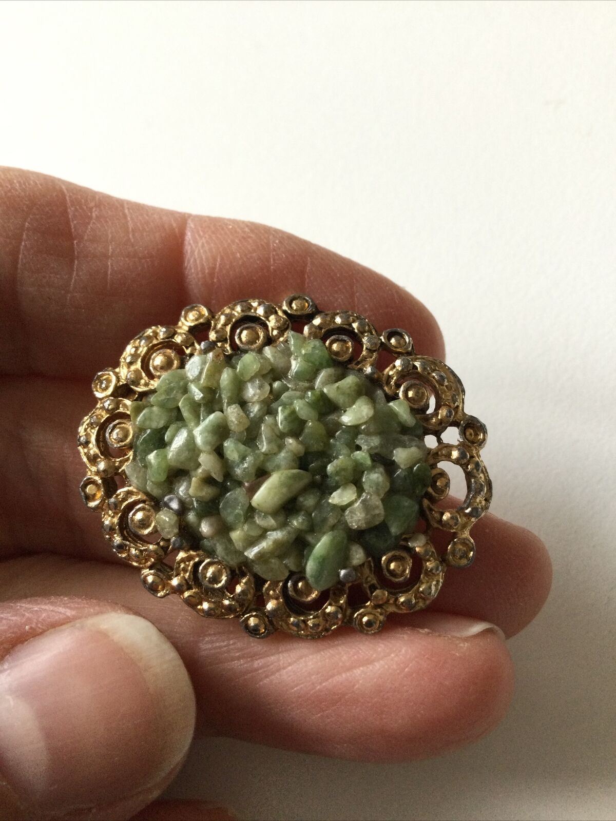 Vintage Gold Tone Brooch With Rough Green Stones In Centre. Oval. Fancy. Unusual