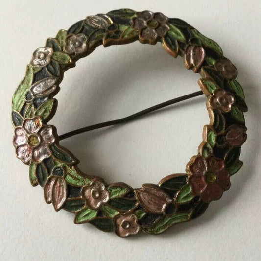 Pretty Wreath Style Floral Brooch - Cloissonne Look - Silver Tone With Pink And Green Enamel