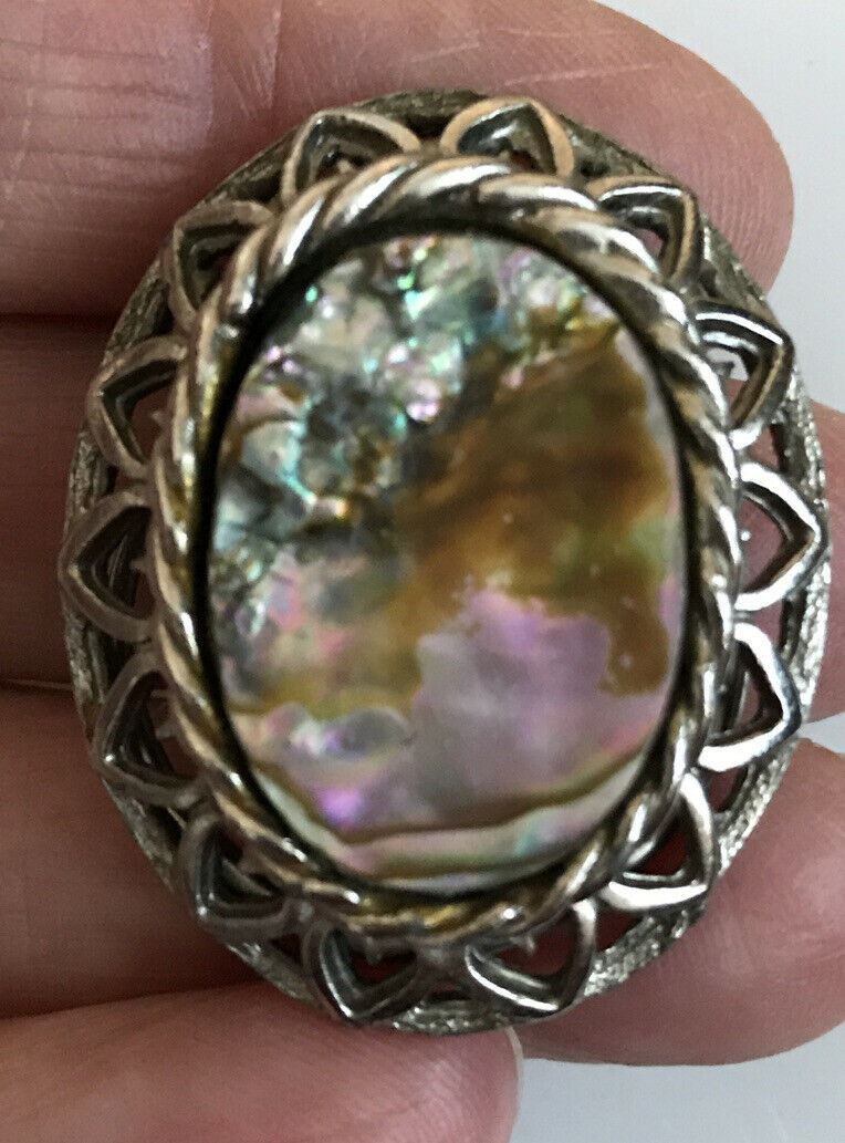 Vintage Mother Of Pearl or Abalone And Silver Colour Scarf Clip Brooch. Celtic Style. Oval.