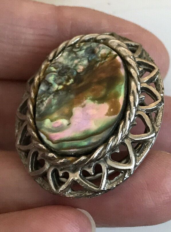 Vintage Mother Of Pearl or Abalone And Silver Colour Scarf Clip Brooch. Celtic Style. Oval.