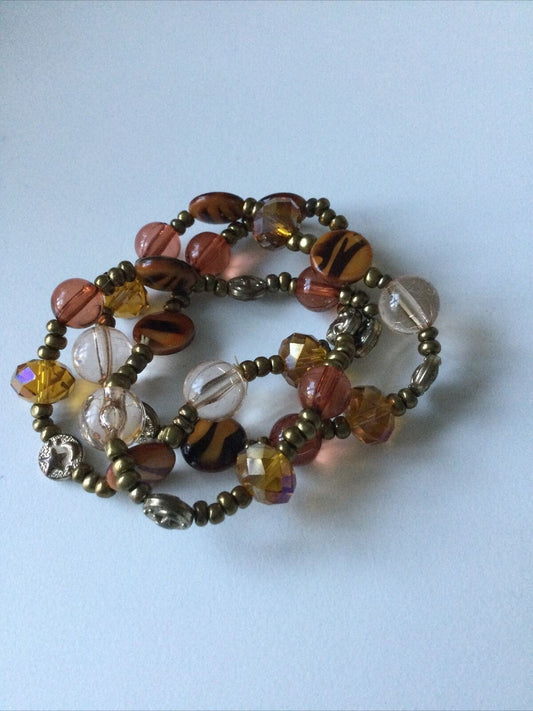 Set Of 3 Costume Expanding Bracelets. Amber And Brown Coloured Glass Beads. Boho